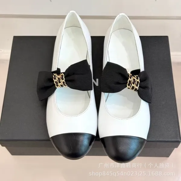 Chanel-inspired Two-Tone Bow Loafers Beige and Black Flat Shoes - 2