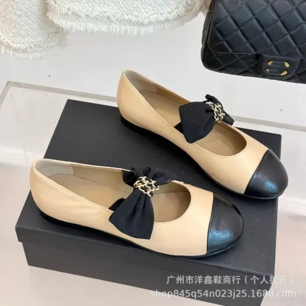 Chanel-inspired Two-Tone Bow Loafers Beige and Black Flat Shoes - 18