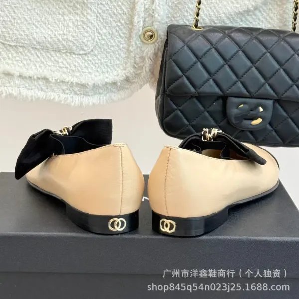 Chanel-inspired Two-Tone Bow Loafers Beige and Black Flat Shoes - 21