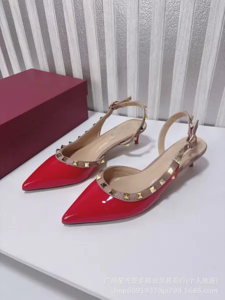 Valentino Rockstud Flat Red Patent Leather Slingback Heels - 19
