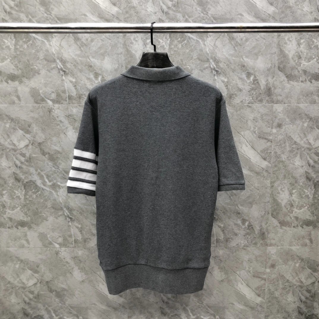 Thom Browne Classic Four-Bar Stripe Gray Knit Polo - 20