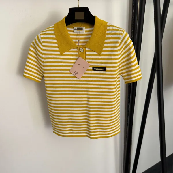 Miu Miu Striped Knit Polo Yellow and White - 6