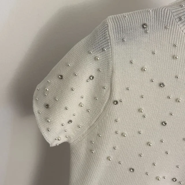 Unbranded Knitwear Pearl-Embellished Mock-Neck Short-Sleeve Knit Top product detail image 9