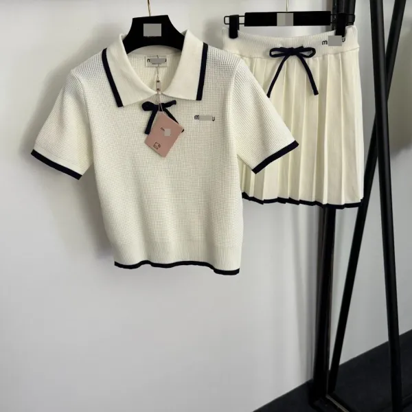 MMY Knit Polo Top and Pleated Skirt Set Beige with Black Trim - 5