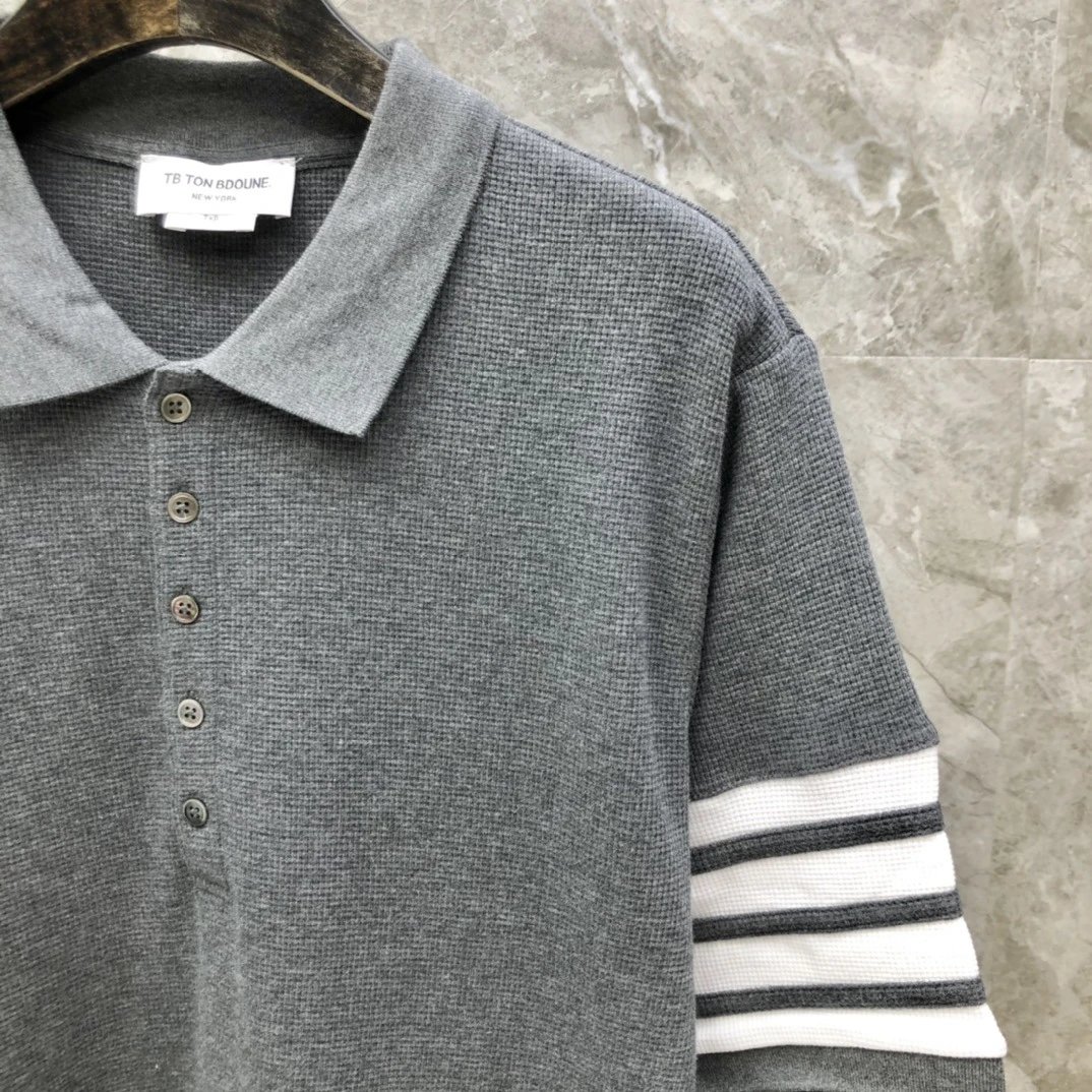 Thom Browne Classic Four-Bar Stripe Gray Knit Polo - 16
