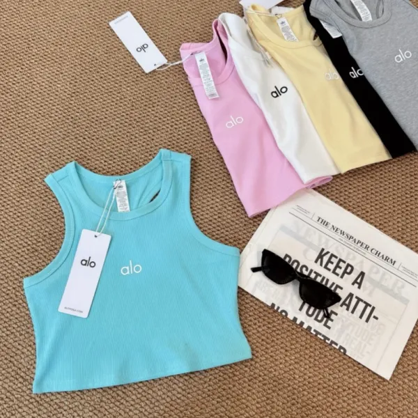 Alo Yoga Ribbed Crop Tank Top in Pink, Blue, White, Yellow, Black, and Gray - 12