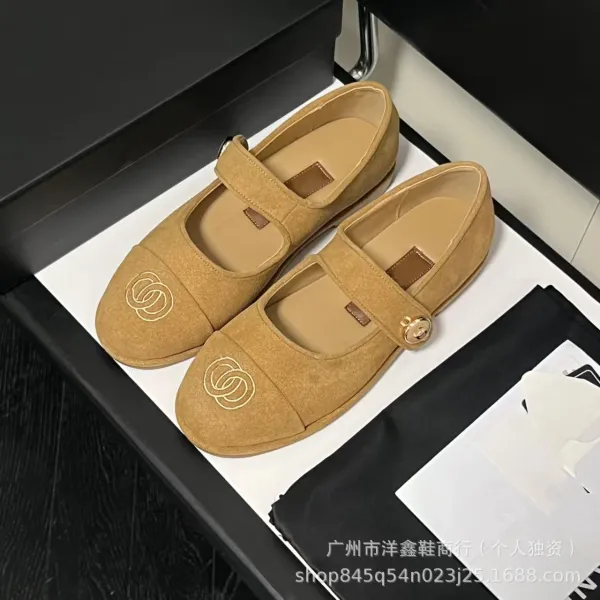 Chanel Mary Jane Flats Beige Suede with CC Logo Shoes - 23