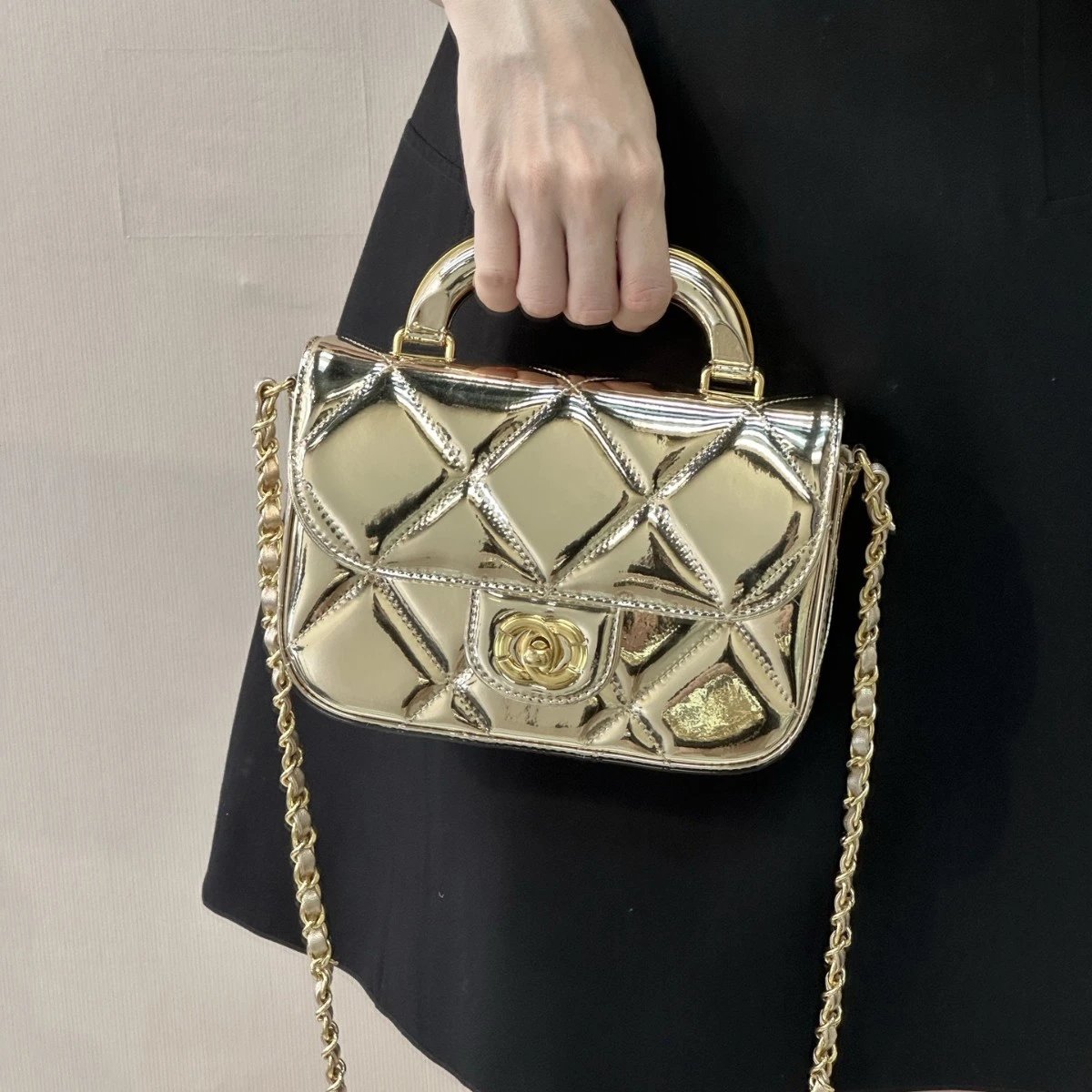 Glossy Patent Leather Quilted Chain Bag
