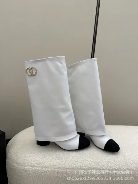Chanel CC Logo Beige and Black Cap-Toe Knee-High Boots - 10
