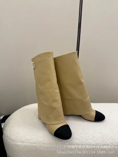 Chanel CC Logo Beige and Black Cap-Toe Knee-High Boots - 11