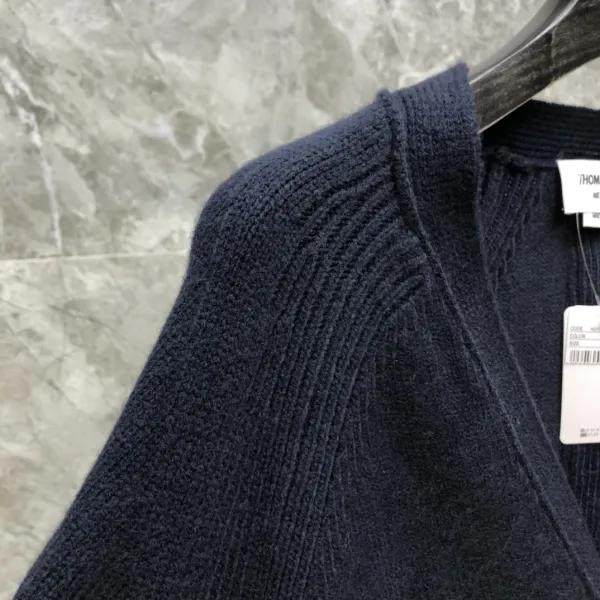 Thom Browne Navy Ribbed Cardigan with Gold Buttons and Signature Stripe - 5