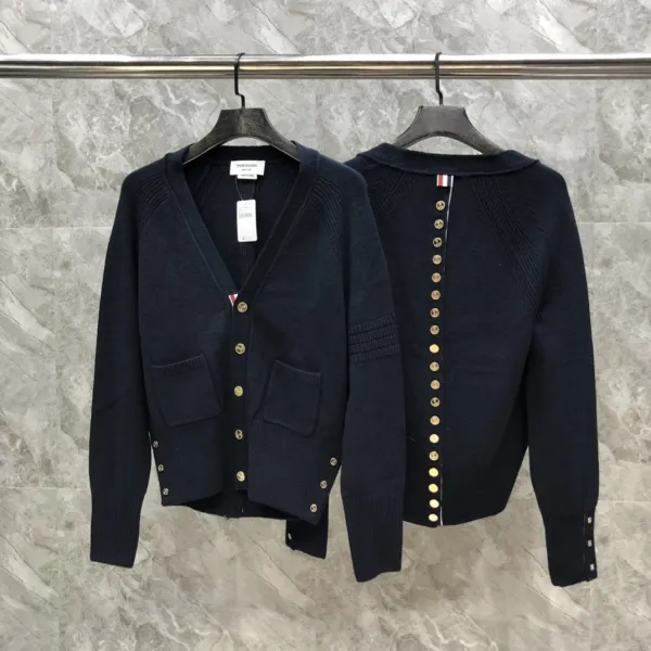 Thom Browne Navy Ribbed Cardigan with Gold Buttons and Signature Stripe - 12