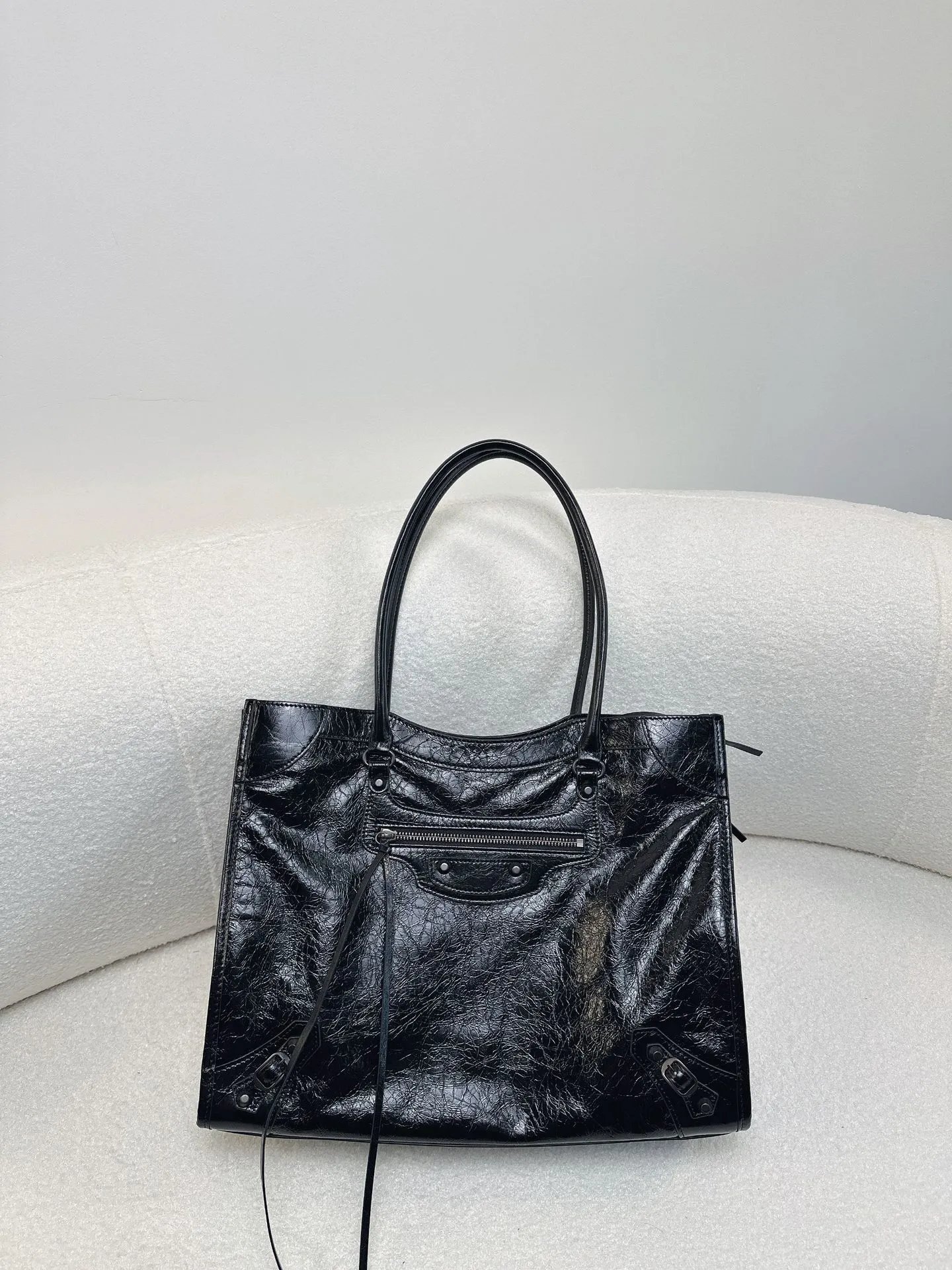 Balenciaga City Tote Black Crinkled Leather Handbag