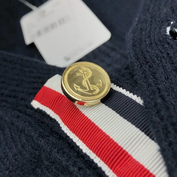 Thom Browne Navy Ribbed Cardigan with Gold Buttons and Signature Stripe - 7