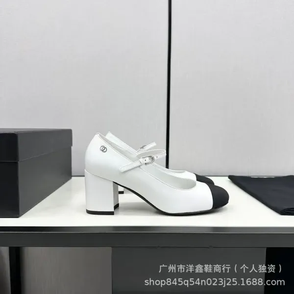 Chanel Mary Jane Block Heel White and Black Leather Shoes - 18