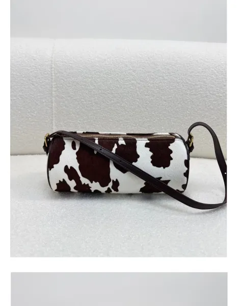 Cow Print Cylinder Shoulder Bag with Gold Hardware - 28