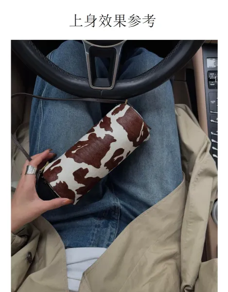 Cow Print Cylinder Shoulder Bag with Gold Hardware - 6