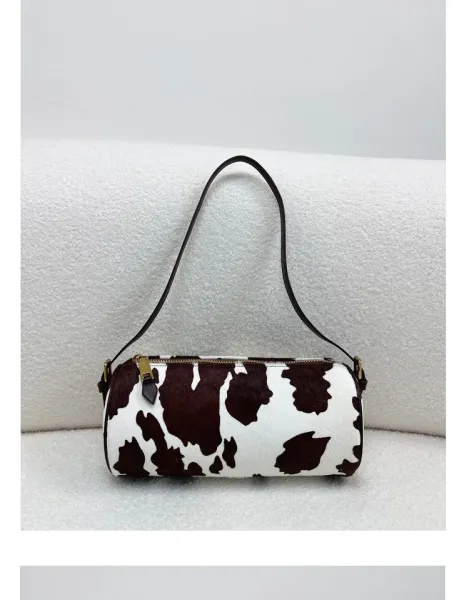 Cow Print Cylinder Shoulder Bag with Gold Hardware - 26