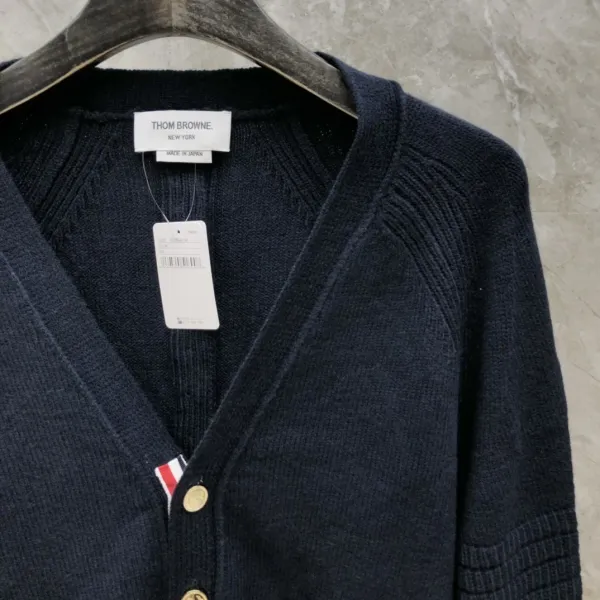 Thom Browne Navy Ribbed Cardigan with Gold Buttons and Signature Stripe - 6