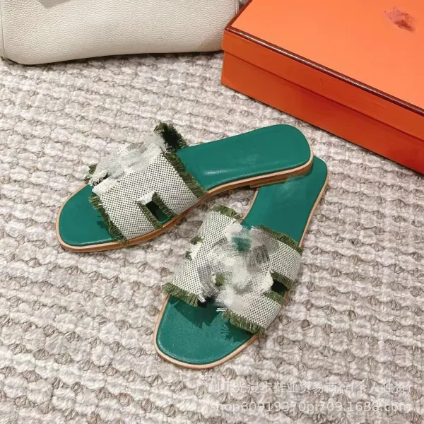Hermès Oran Slide Sandals Green and Beige Woven Fringe Slippers - 16