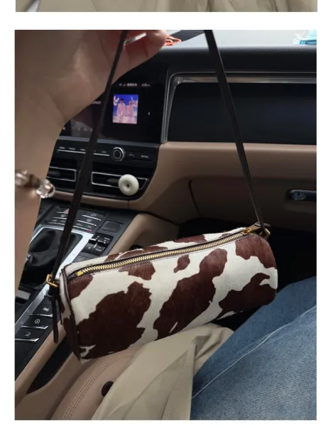 Cow Print Cylinder Shoulder Bag with Gold Hardware - 8