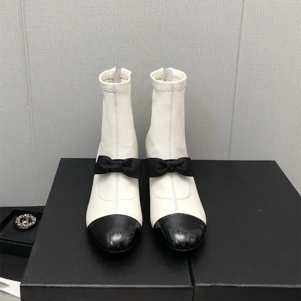 Chanel-Inspired Two-Tone Bow Ankle Boots White Black - 4