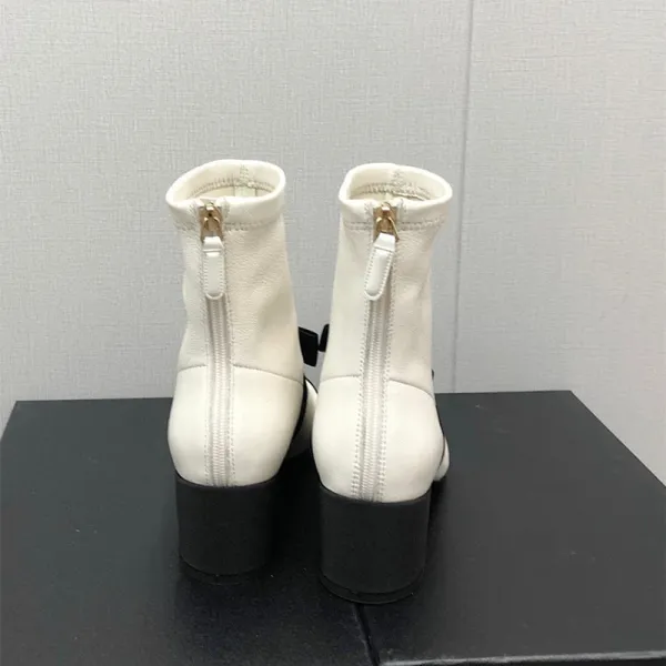 Chanel-Inspired Two-Tone Bow Ankle Boots White Black - 5