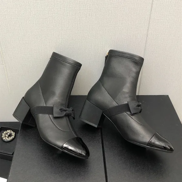 Chanel-Inspired Two-Tone Bow Ankle Boots White Black - 11