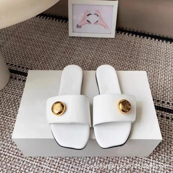 Gucci Marmont Slide White Leather Sandals with Gold Button - 4