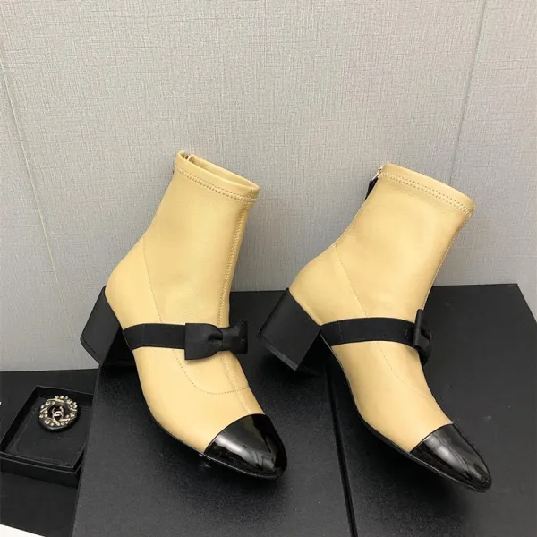 Chanel-Inspired Two-Tone Bow Ankle Boots White Black - 16