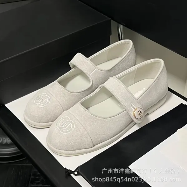 Chanel Mary Jane Flats Beige Suede with CC Logo Shoes - 9