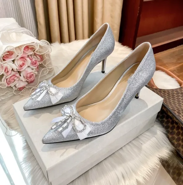 Silver Glitter Bow-Embellished Stiletto Heels - 9