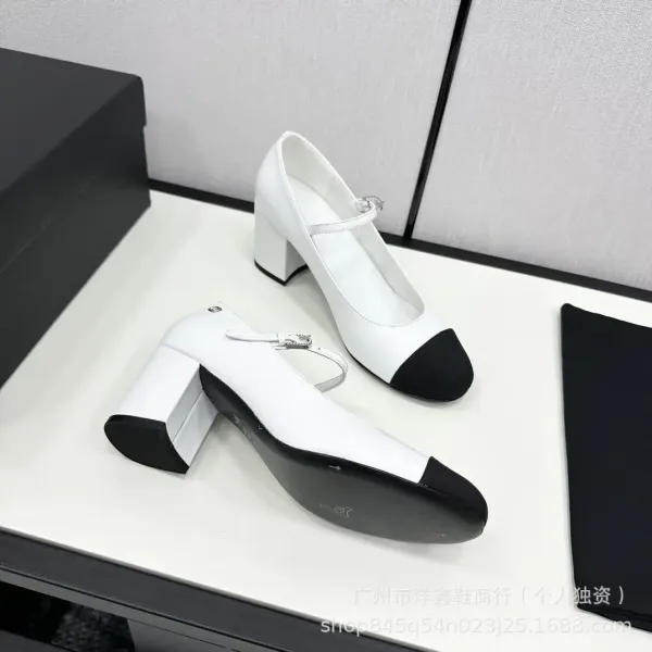 Chanel Mary Jane Block Heel White and Black Leather Shoes - 21