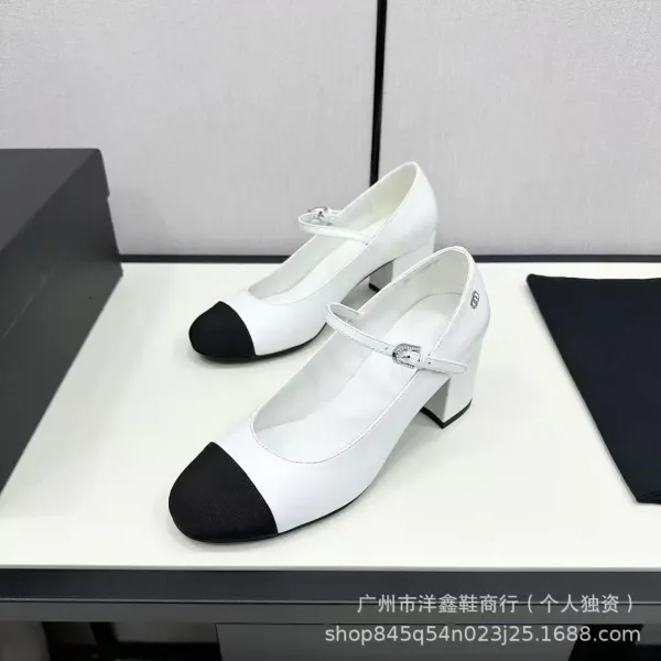 Chanel Mary Jane Block Heel White and Black Leather Shoes - 22