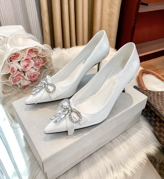Silver Glitter Bow-Embellished Stiletto Heels - 15