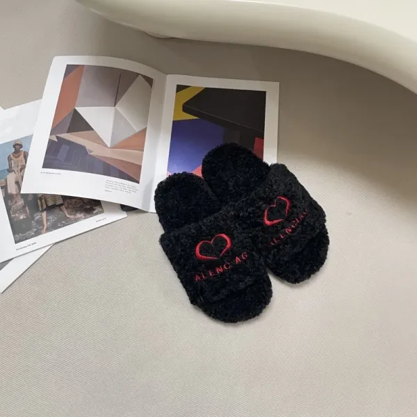 Balenciaga Fur Slippers Leopard Print with Heart Logo Slippers - 8