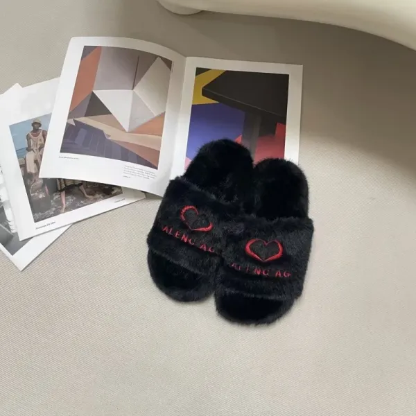 Balenciaga Fur Slippers Leopard Print with Heart Logo Slippers - 14
