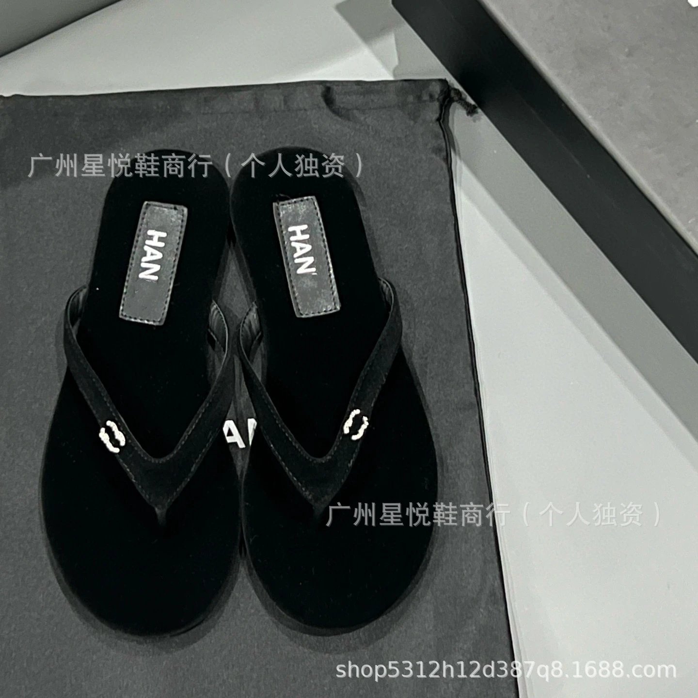 Chanel-Inspired Rhinestone-Embellished Black Velvet Flip-Flops - 10