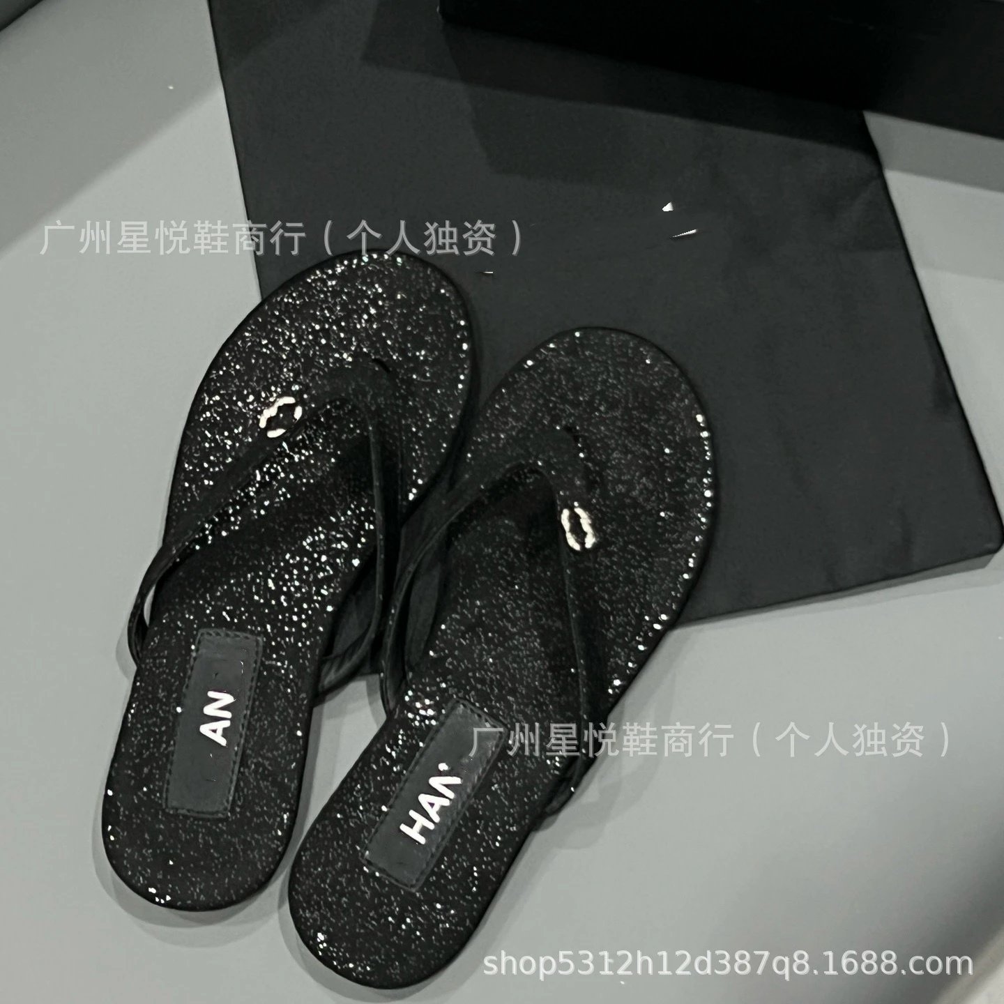 Chanel-Inspired Rhinestone-Embellished Black Velvet Flip-Flops - 15