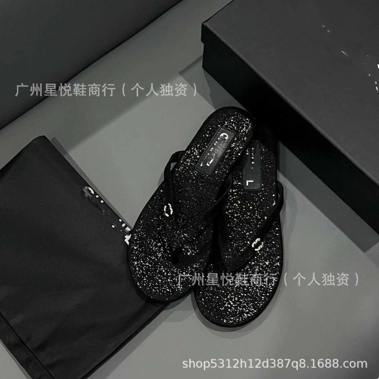 Chanel-Inspired Rhinestone-Embellished Black Velvet Flip-Flops - 21