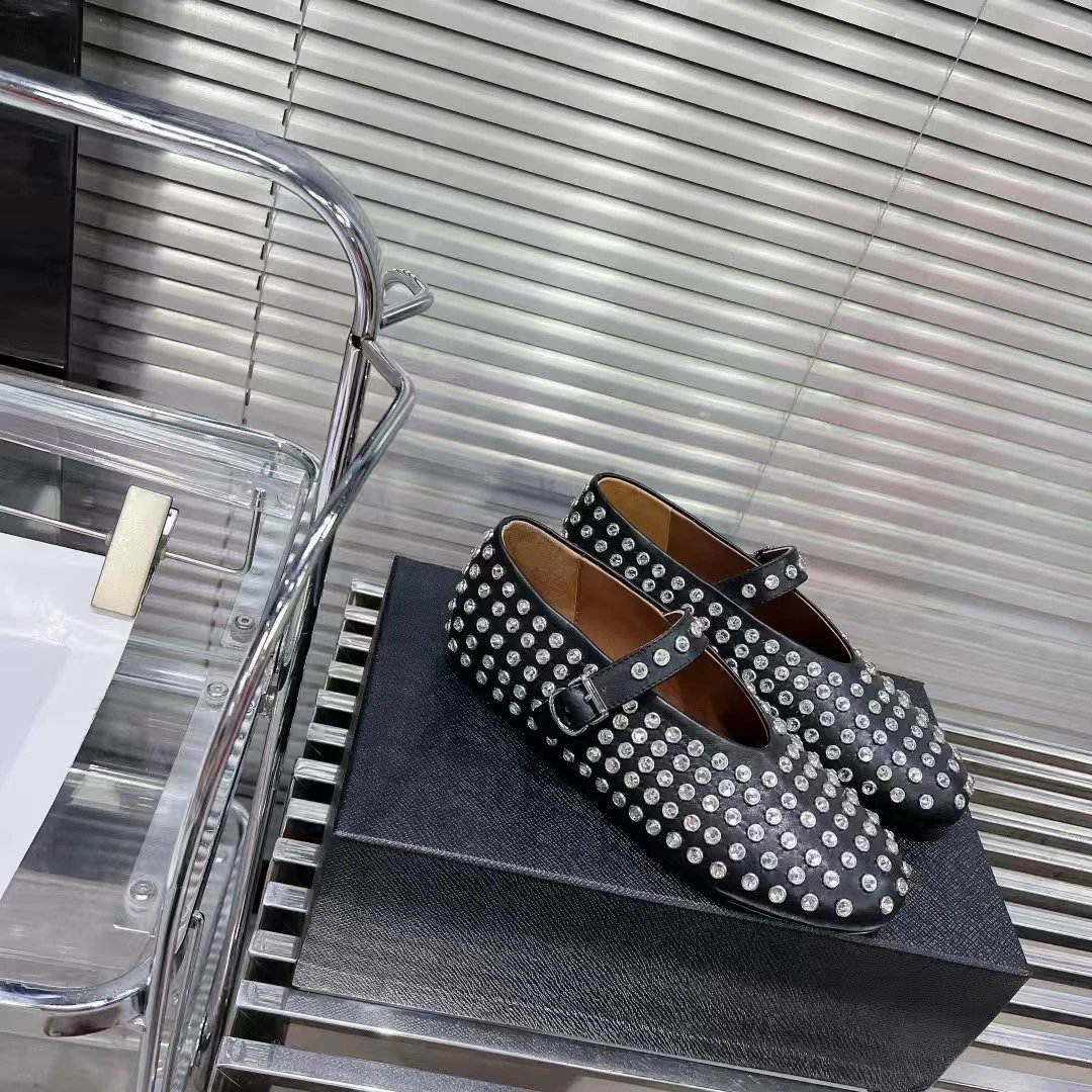 Prada Mary Jane Flat Black Studded Leather Shoes - 51