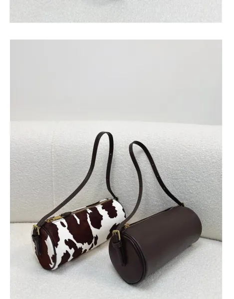Cow Print Cylinder Shoulder Bag with Gold Hardware - 19