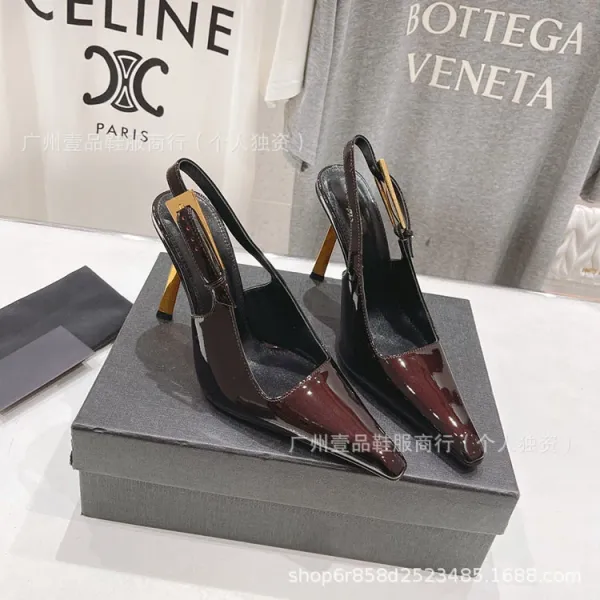 Celine Triomphe Slingback Stilettos Black Patent Leather Heels - 13