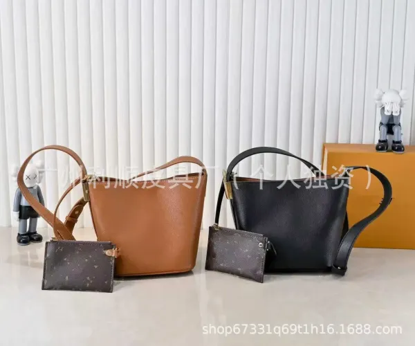 Louis Vuitton Monogram Canvas Card Holder x Tan Leather Bucket Bag Set - 3