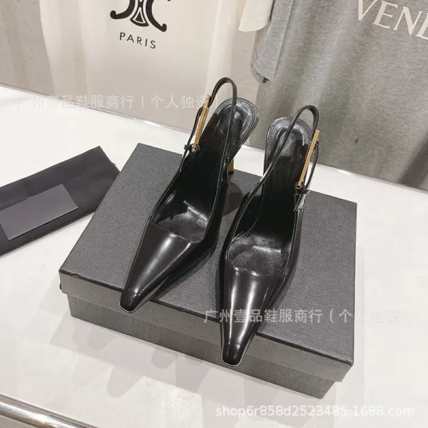 Celine Triomphe Slingback Stilettos Black Patent Leather Heels - 17