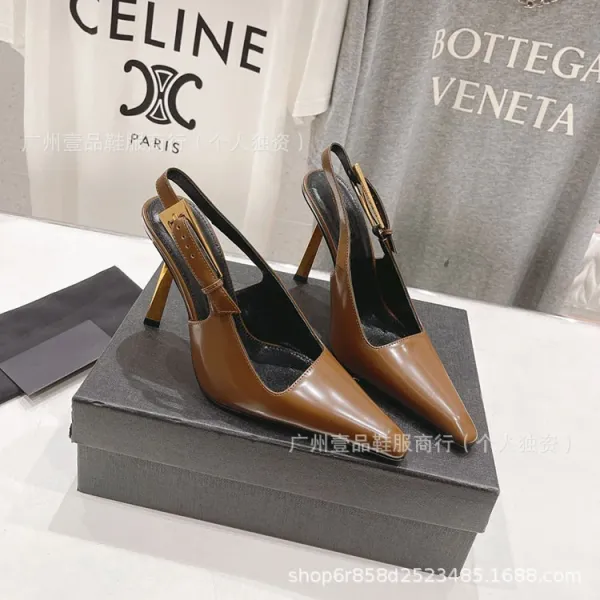 Celine Triomphe Slingback Stilettos Black Patent Leather Heels - 19