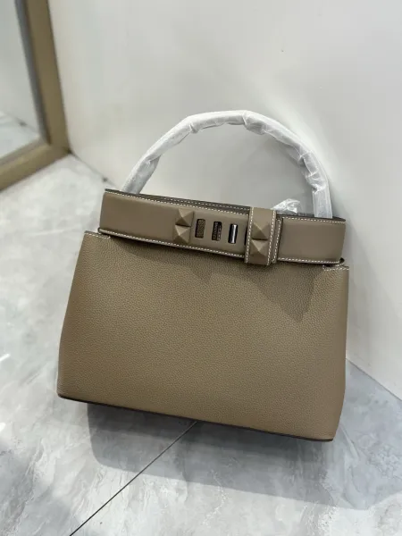 Valentino Garavani Rockstud Small Top Handle Bag Taupe Leather Handbag - 12
