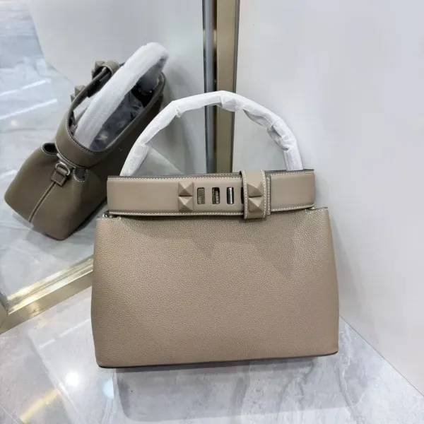 Valentino Garavani Rockstud Small Top Handle Bag Taupe Leather Handbag - 15