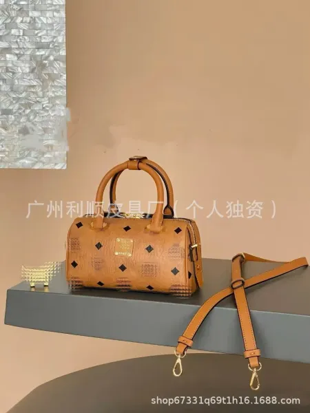 MCM Mini Boston Bag in Monogram Coated Canvas - Pink, Black, Beige, Tan Handbags - 6