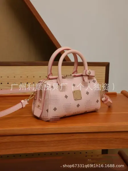MCM Mini Boston Bag in Monogram Coated Canvas - Pink, Black, Beige, Tan Handbags - 8